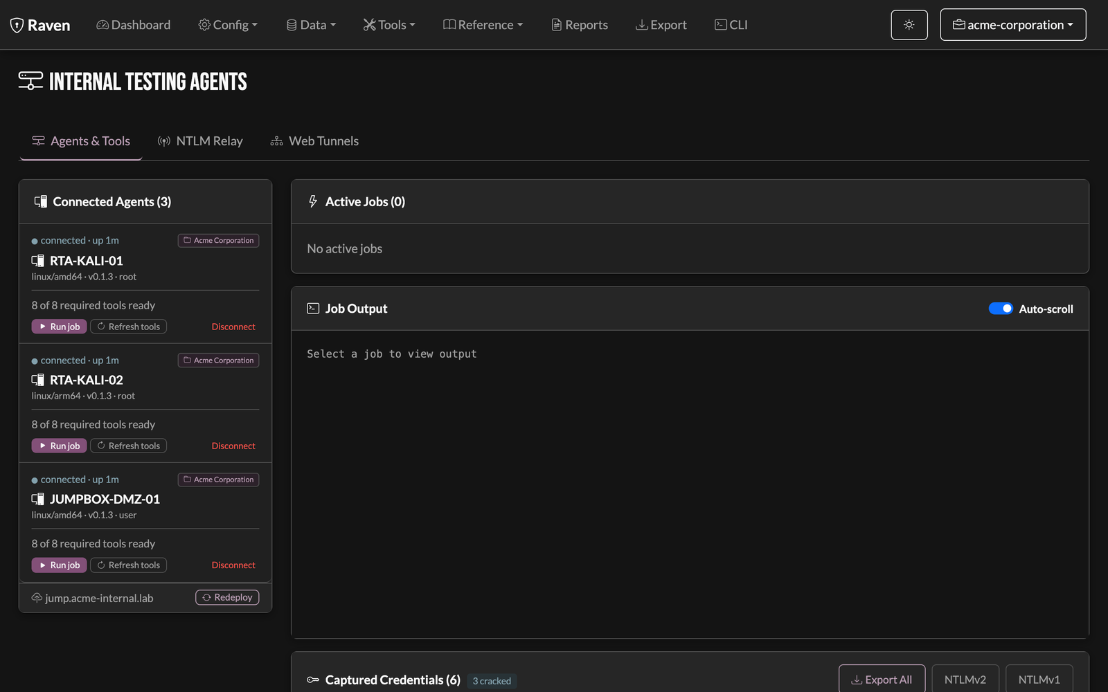 Raven internal-testing agents view: connected RTA and jumpbox agents with live status, tooling, and running jobs