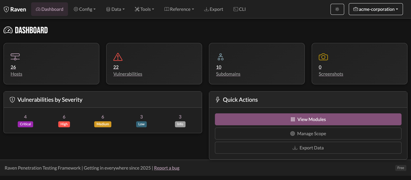 Raven dashboard: 26 hosts, 22 vulnerabilities, and a severity breakdown for an engagement