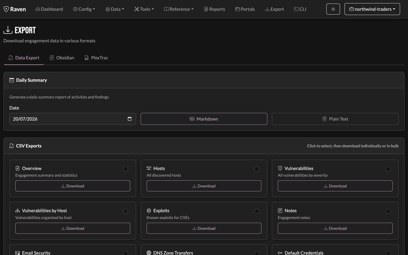 Raven export view: exporting findings and evidence to PlexTrac, CSV, Burp, and PDF