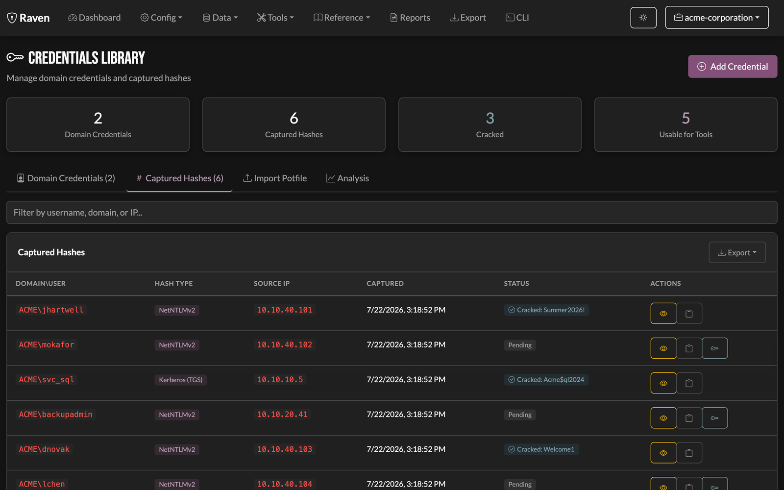 Raven captured-credentials library: NetNTLMv2 and Kerberos hashes auto-parsed, deduped, and cracked, ready for the next hop